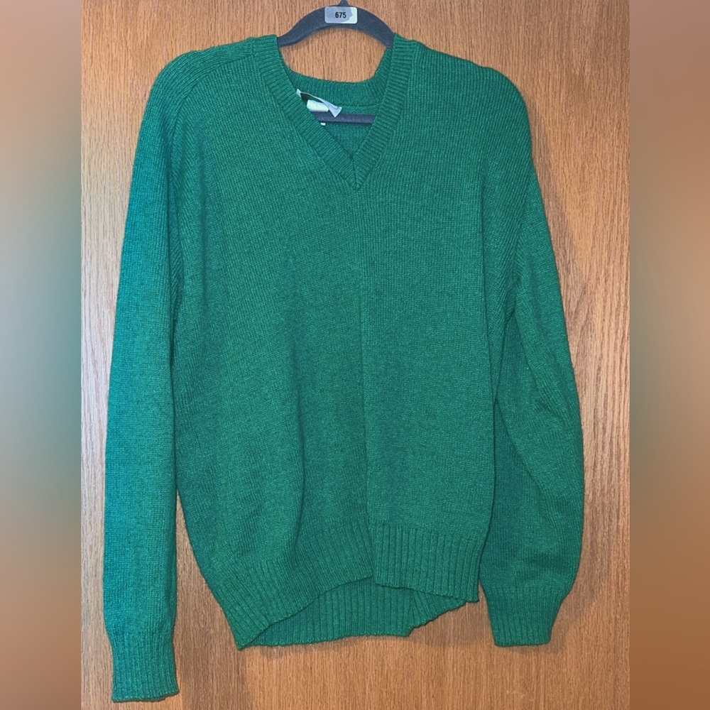 Vintage Prego Green Shetland Wool Blend V-Neck Sweater Made in USA Size L